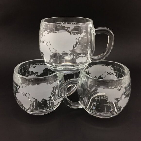 3 Vintage 1970s Nestle Nescafe World Globe Atlas Frosted Glass Mugs Cups - Picture 1 of 9